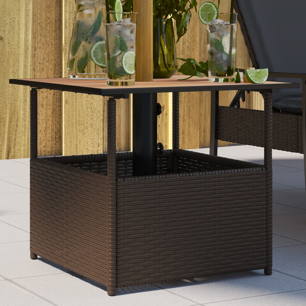 Garden Table with Parasol Hole Brown 55x55x46,5 cm Poly Rattan