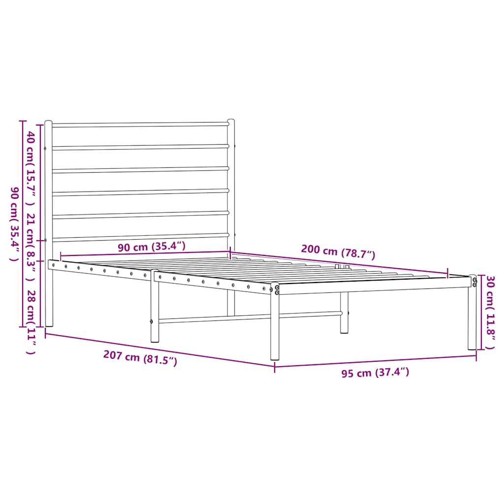 Metal Bed Frame without Mattress with Headboard Black 90x200cm
