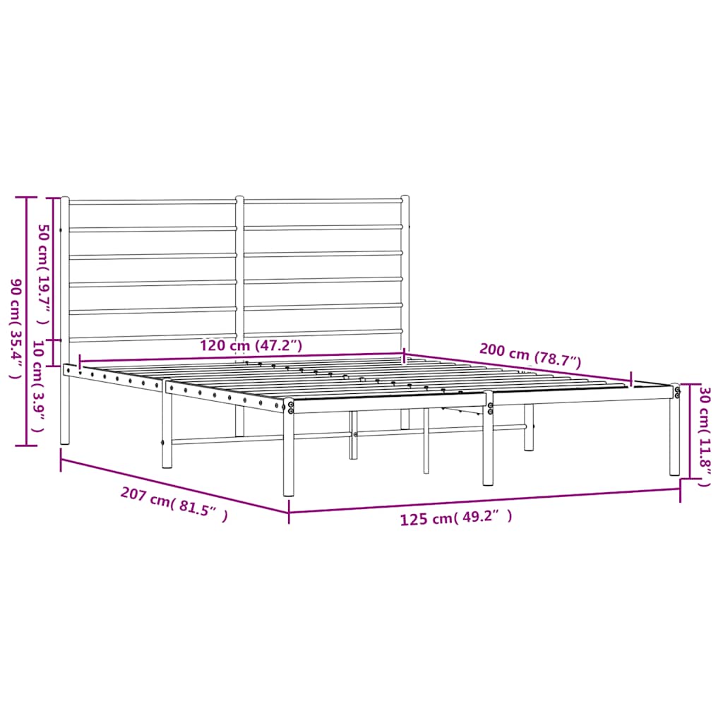 Metal Bed Frame without Mattress with Headboard Black 120x200cm