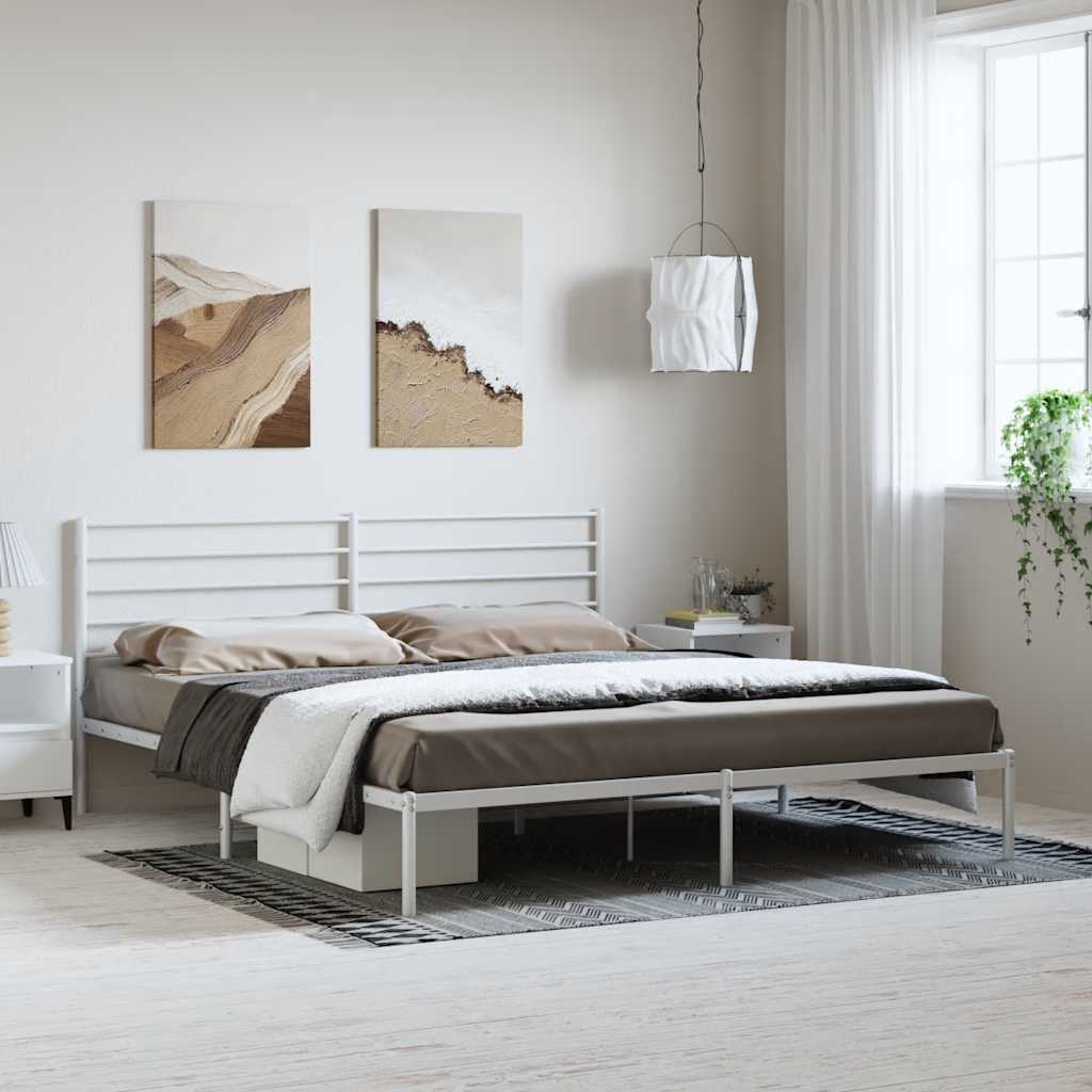Metal Bed Frame without Mattress with Headboard White 193x203cm