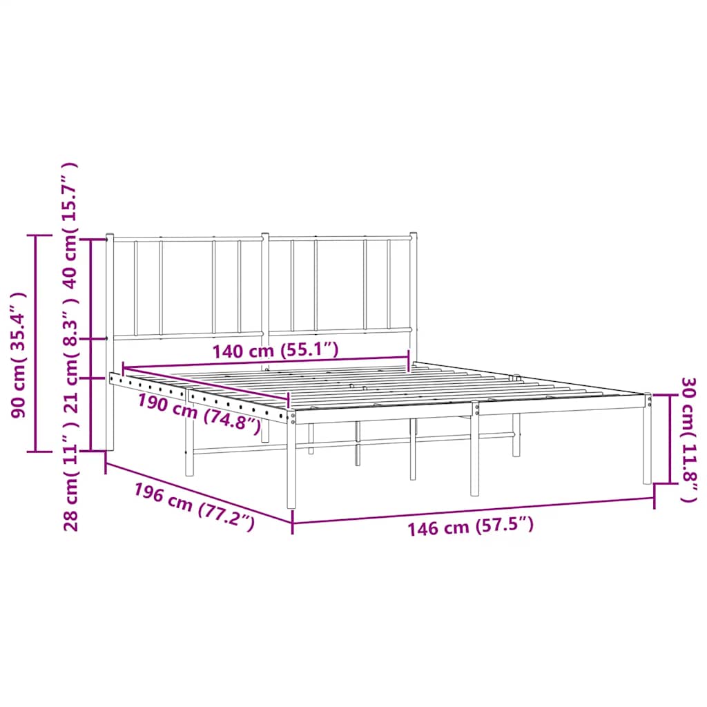 Metal Bed Frame without Mattress with Headboard Black 140x190cm