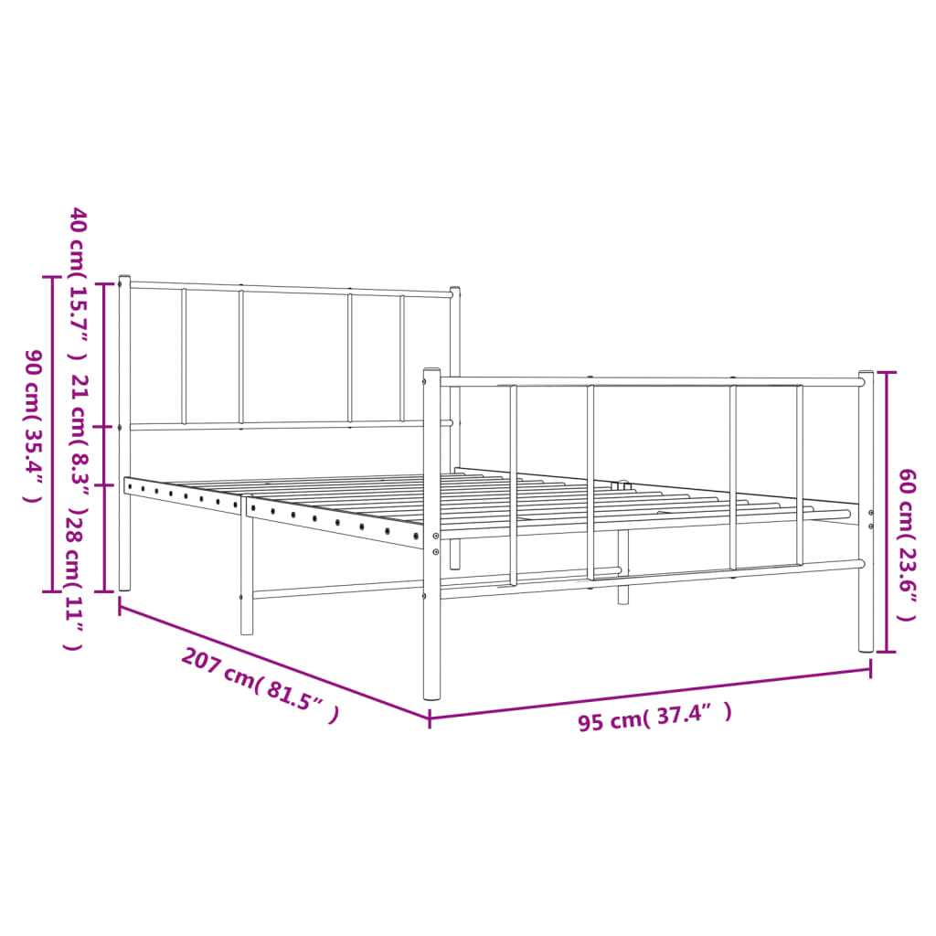 vidaXL Metal Bed Frame without Mattress with Footboard Black 90x200cm