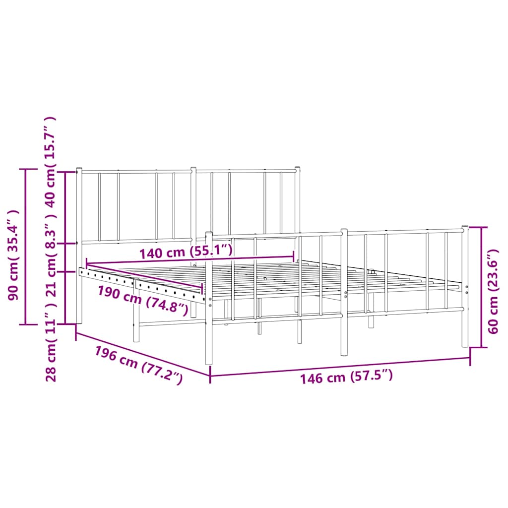 Metal Bed Frame without Mattress with Footboard Black 140x190cm