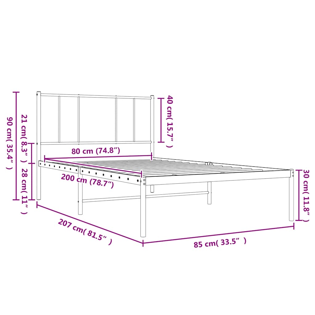 Metal Bed Frame without Mattress with Headboard White 80x200cm