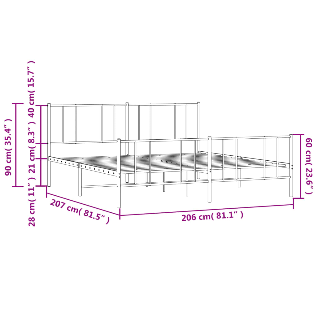 Metal Bed Frame without Mattress with Footboard White 200x200cm