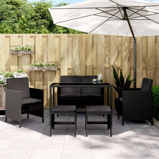 vidaXL 6 Piece Garden Dining Set with Cushions Black Poly Rattan