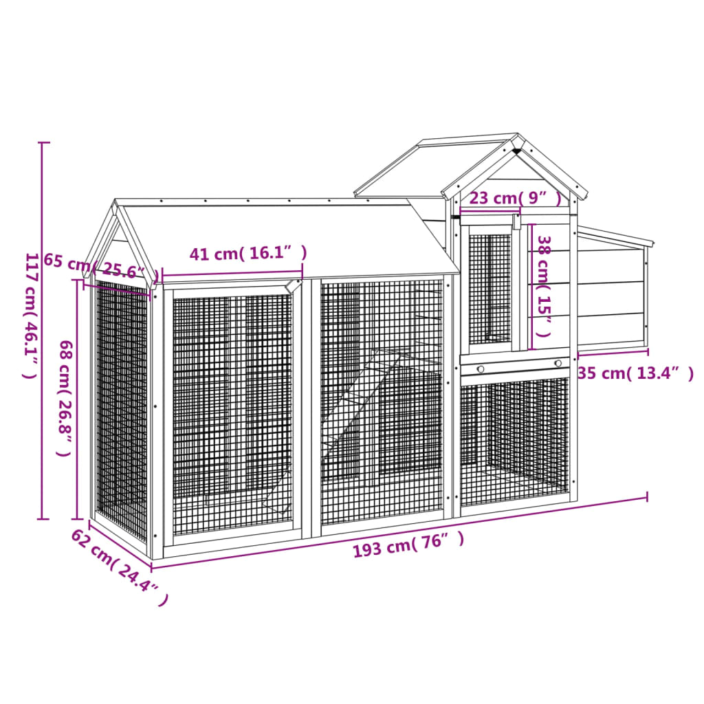 vidaXL Chicken Coop Brown 193x65x117 cm Solid Wood Pine