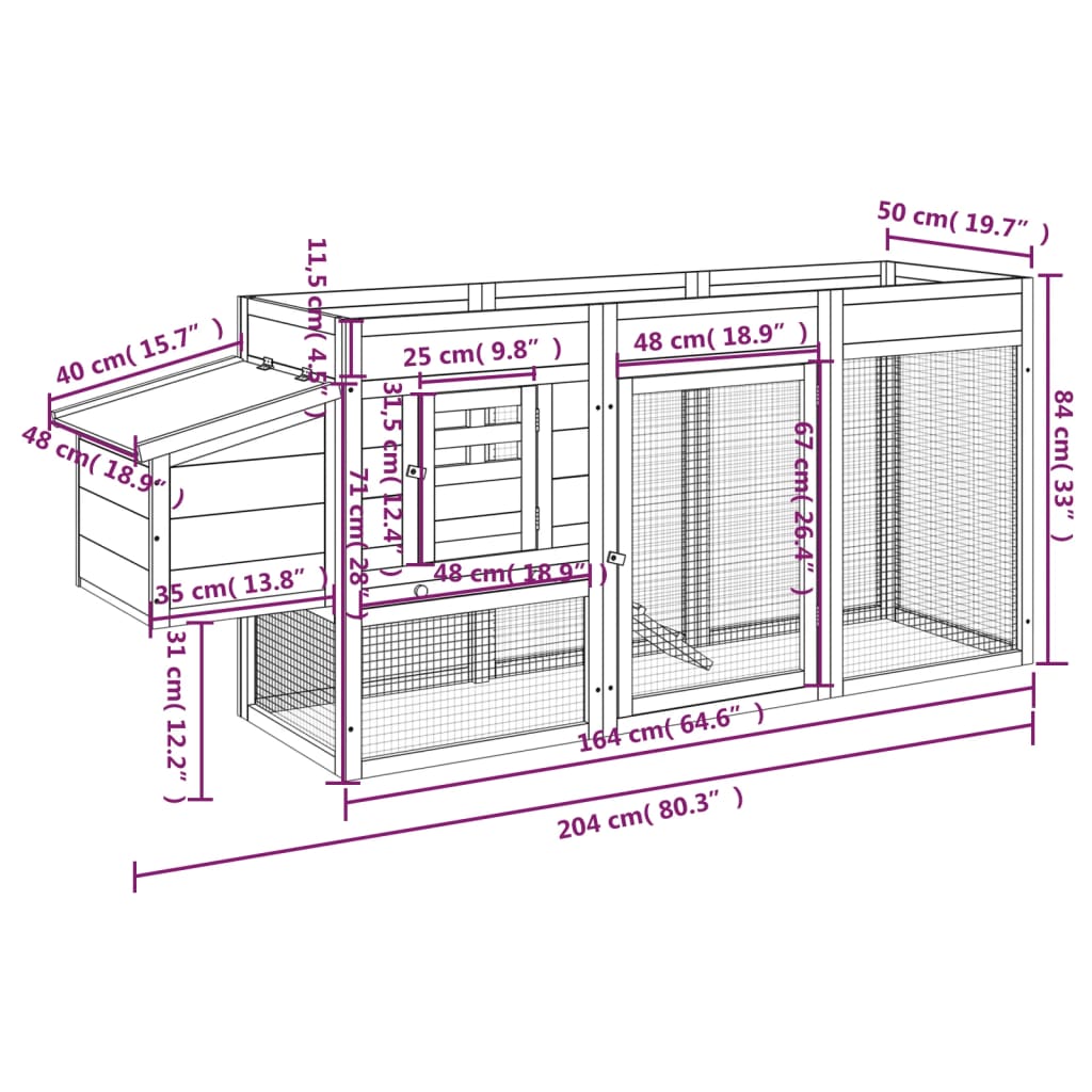 vidaXL Chicken Coop Brown 204x50x84 cm Solid Wood Pine