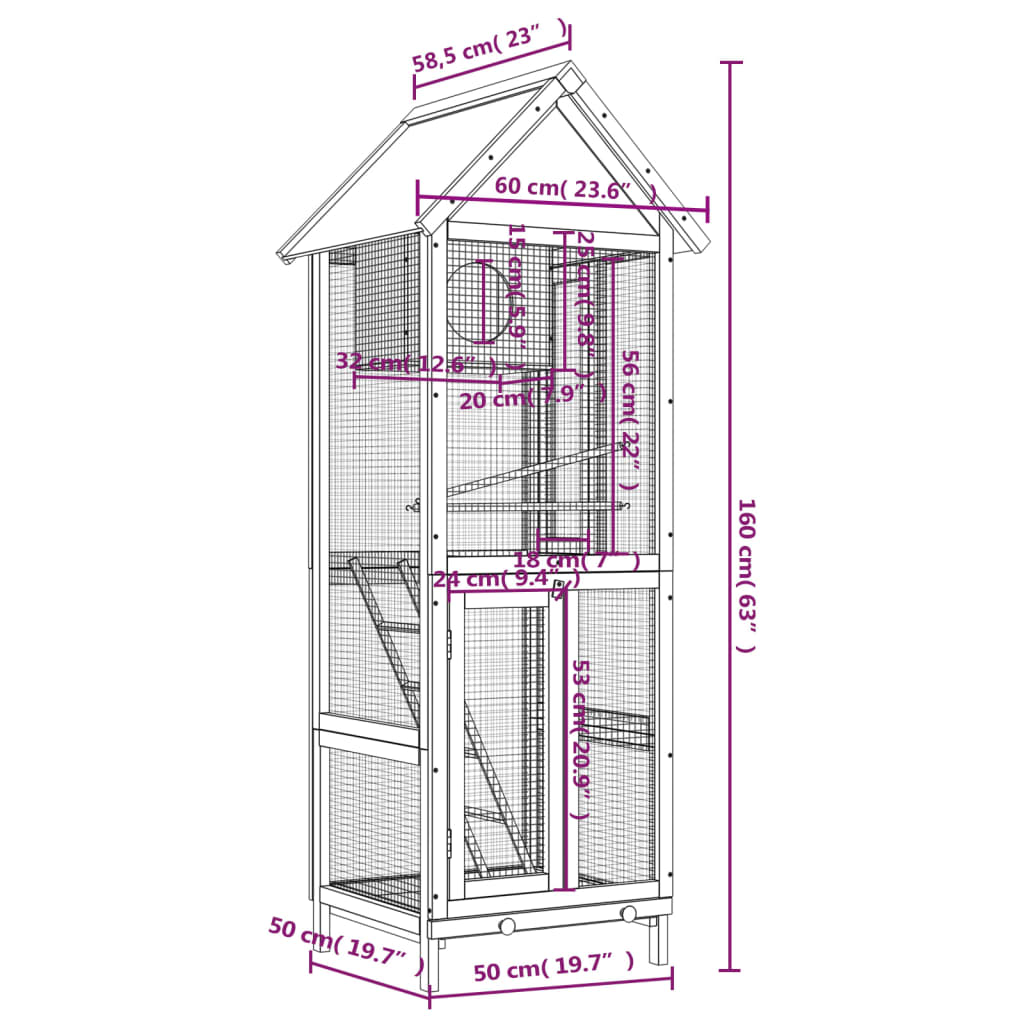 vidaXL Bird House Grey 60x58.5x160 cm Solid Wood Pine