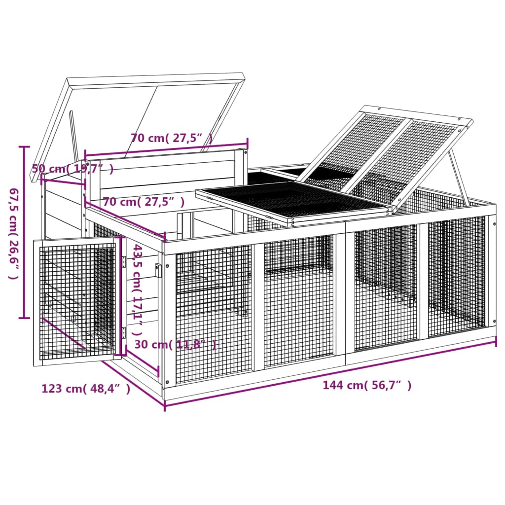 vidaXL Rabbit Hutch Grey 144x123x67.5 cm Solid Wood Pine