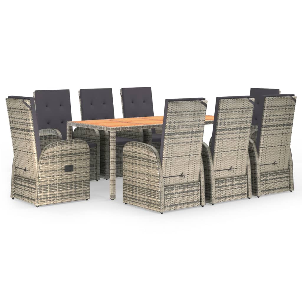 9 Piece Garden Dining Set Grey Poly Rattan&Solid Wood Acacia