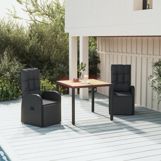 vidaXL 3 Piece Garden Dining Set Black Poly Rattan&Solid Wood Acacia