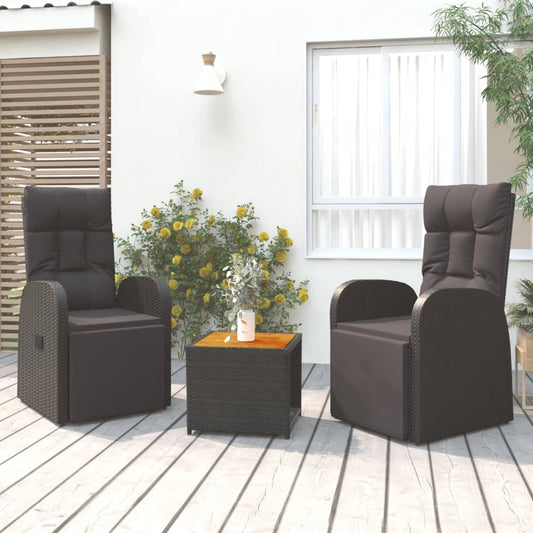 vidaXL 3 Piece Garden Lounge Set Black Poly Rattan&Solid Wood Acacia