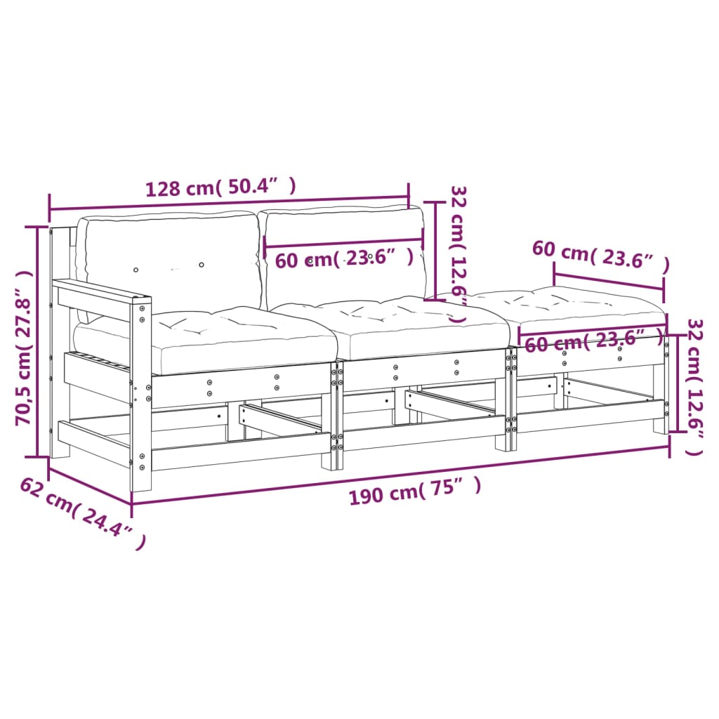 vidaXL 3 Piece Garden Lounge Set with Cushions Impregnated Wood Pine