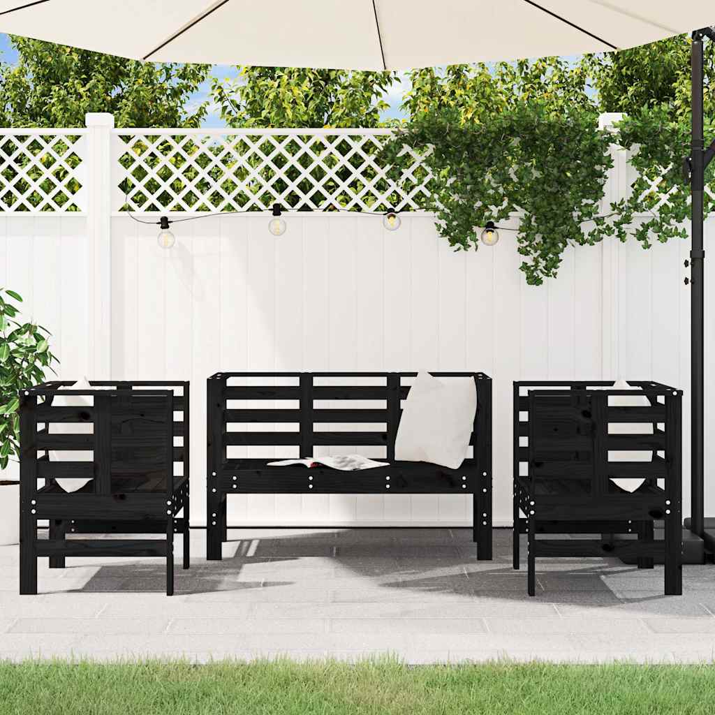 3 Piece Garden Lounge Set Black Solid Wood Pine