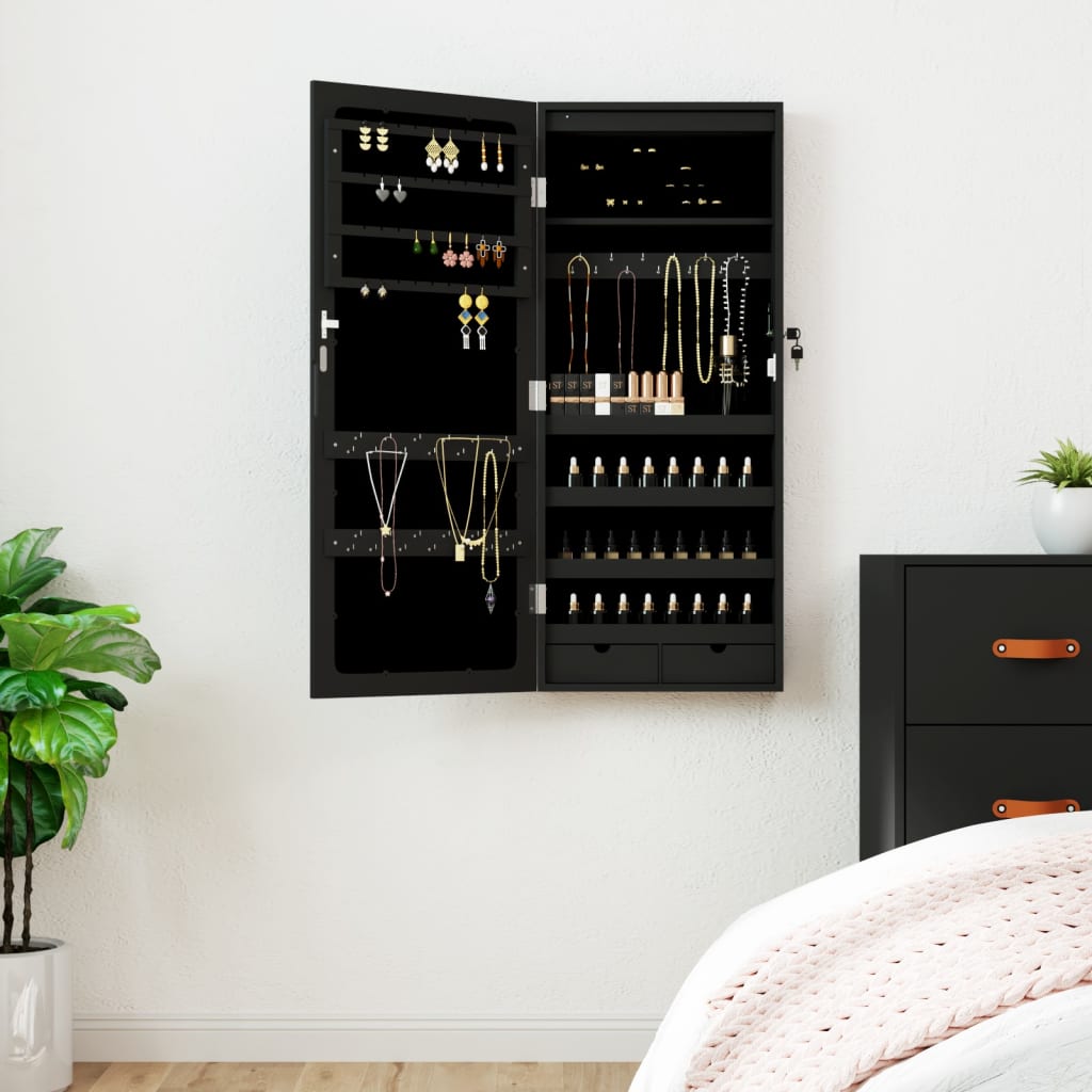 Mirror Jewellery Cabinet with LED Lights Wall Mounted Black