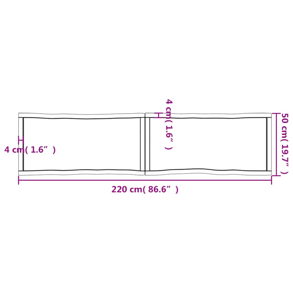 vidaXL Table Top Light Brown 220x50x(2-4)cm Treated Solid Wood Live Edge