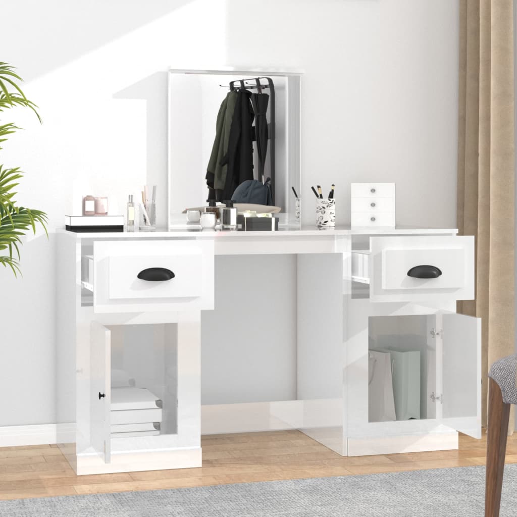 vidaXL Dressing Table with Mirror High Gloss White 130x50x132.5 cm