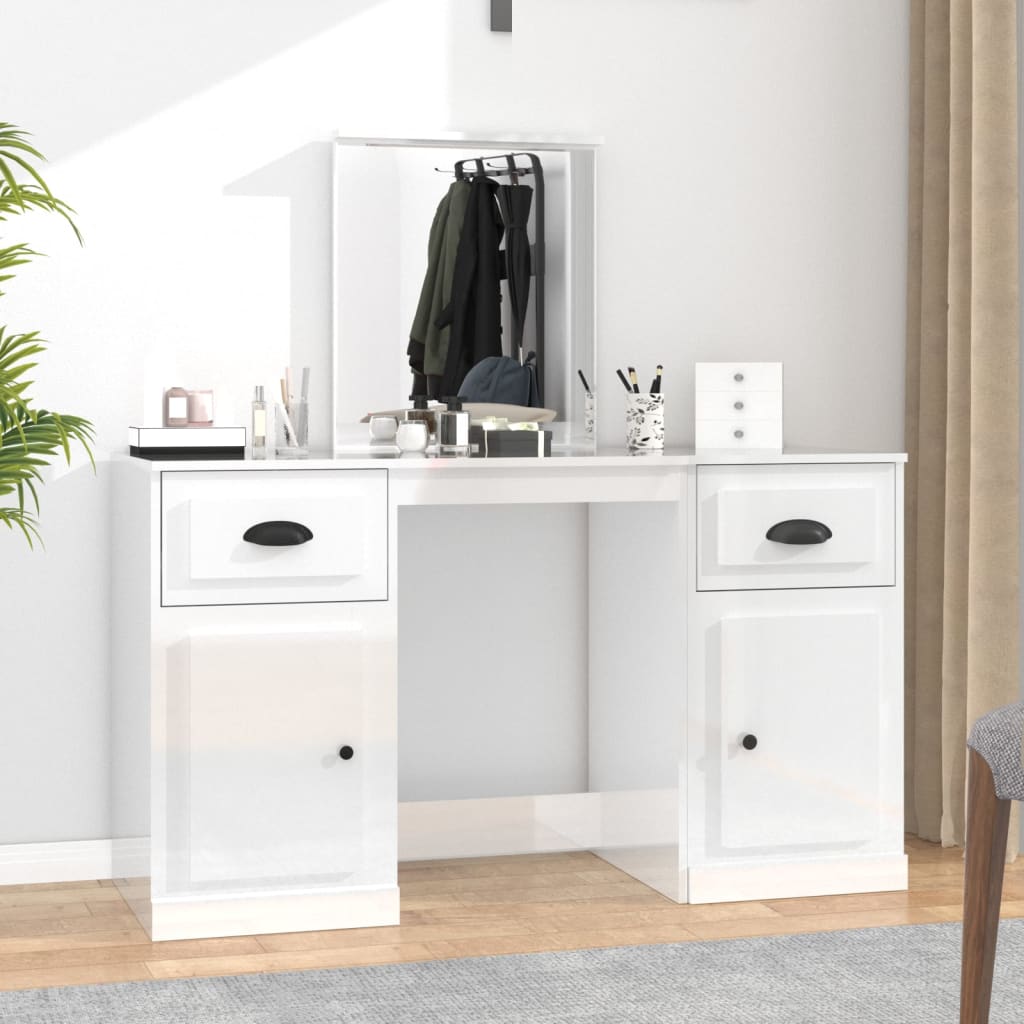 vidaXL Dressing Table with Mirror High Gloss White 130x50x132.5 cm