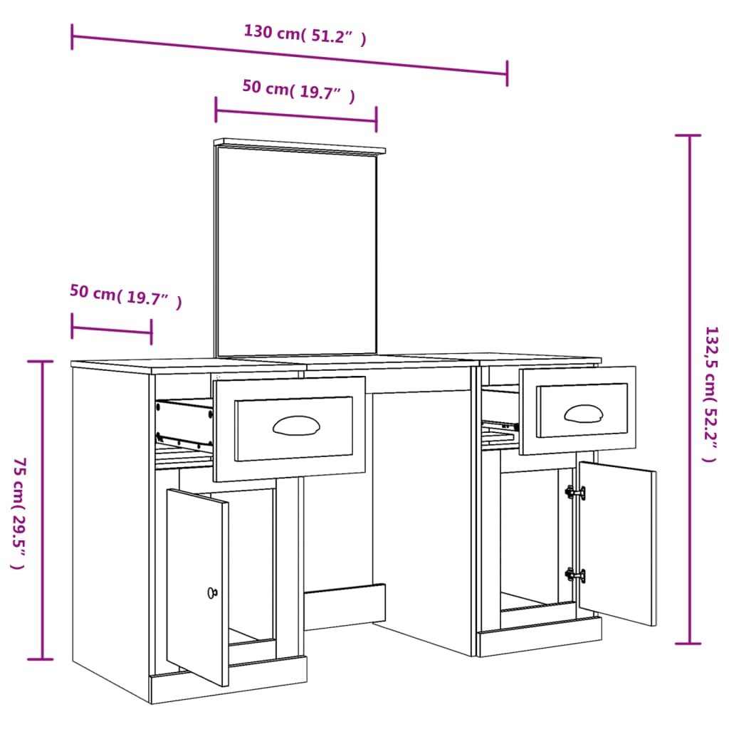 vidaXL Dressing Table with Mirror Sonoma Oak 130x50x132.5 cm