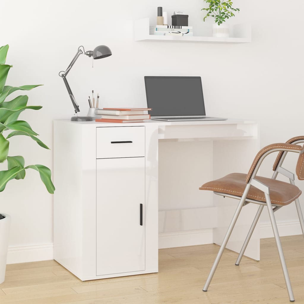 vidaXL Desk with Cabinet High Gloss White Engineered Wood