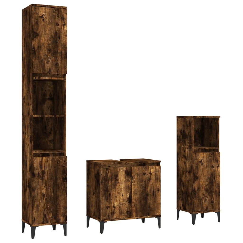 3 Piece Bathroom Furniture Set Smoked Oak Engineered Wood