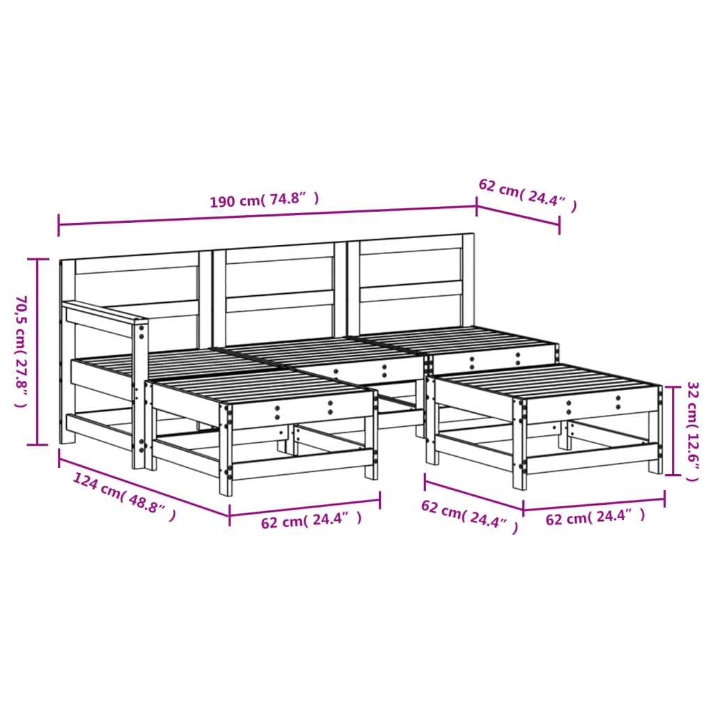 vidaXL 5 Piece Garden Lounge Set White Solid Wood Pine