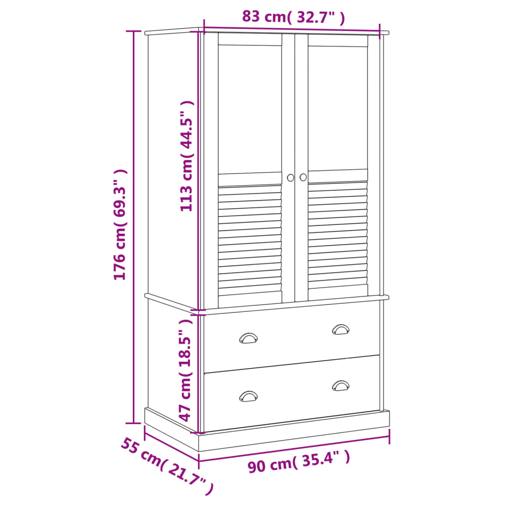 vidaXL Wardrobe VIGO 90x55x176 cm Solid Wood Pine