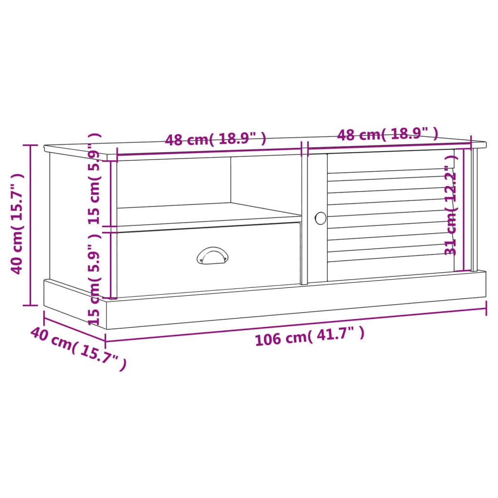 TV Cabinet "VIGO" White 106x40x40 cm Solid Wood Pine