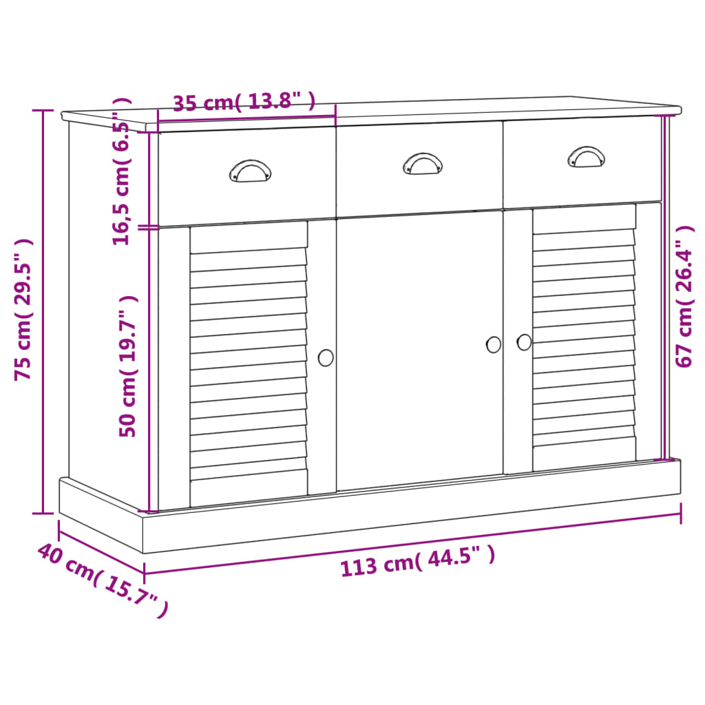 vidaXL Sideboard with Drawers VIGO 113x40x75 cm White Solid Wood Pine