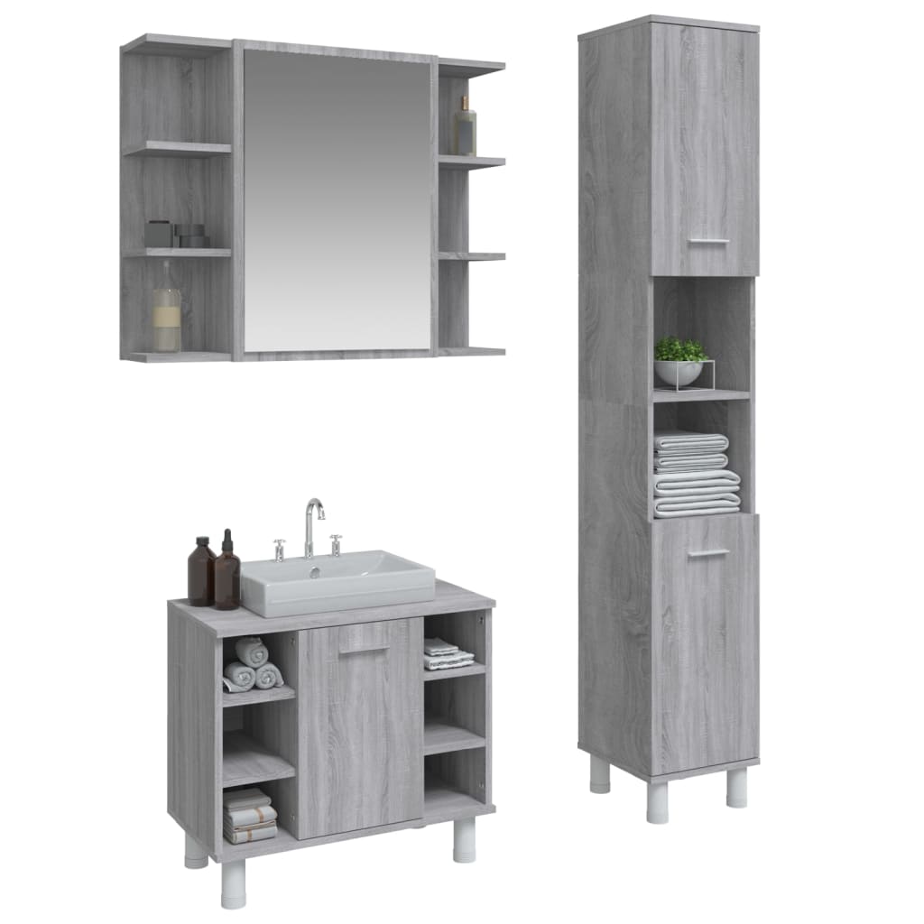 vidaXL 3 Piece Bathroom Cabinet Set Grey Sonoma Engineered Wood