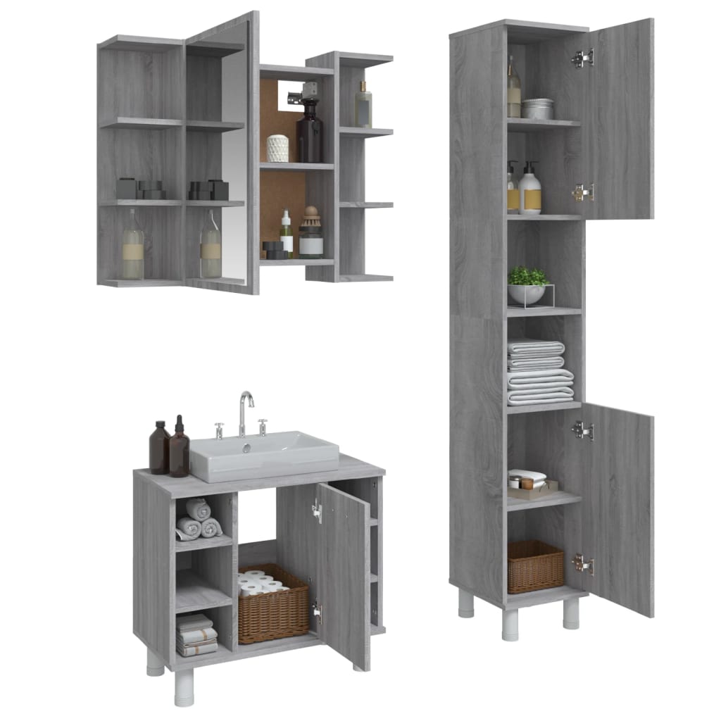 vidaXL 3 Piece Bathroom Cabinet Set Grey Sonoma Engineered Wood