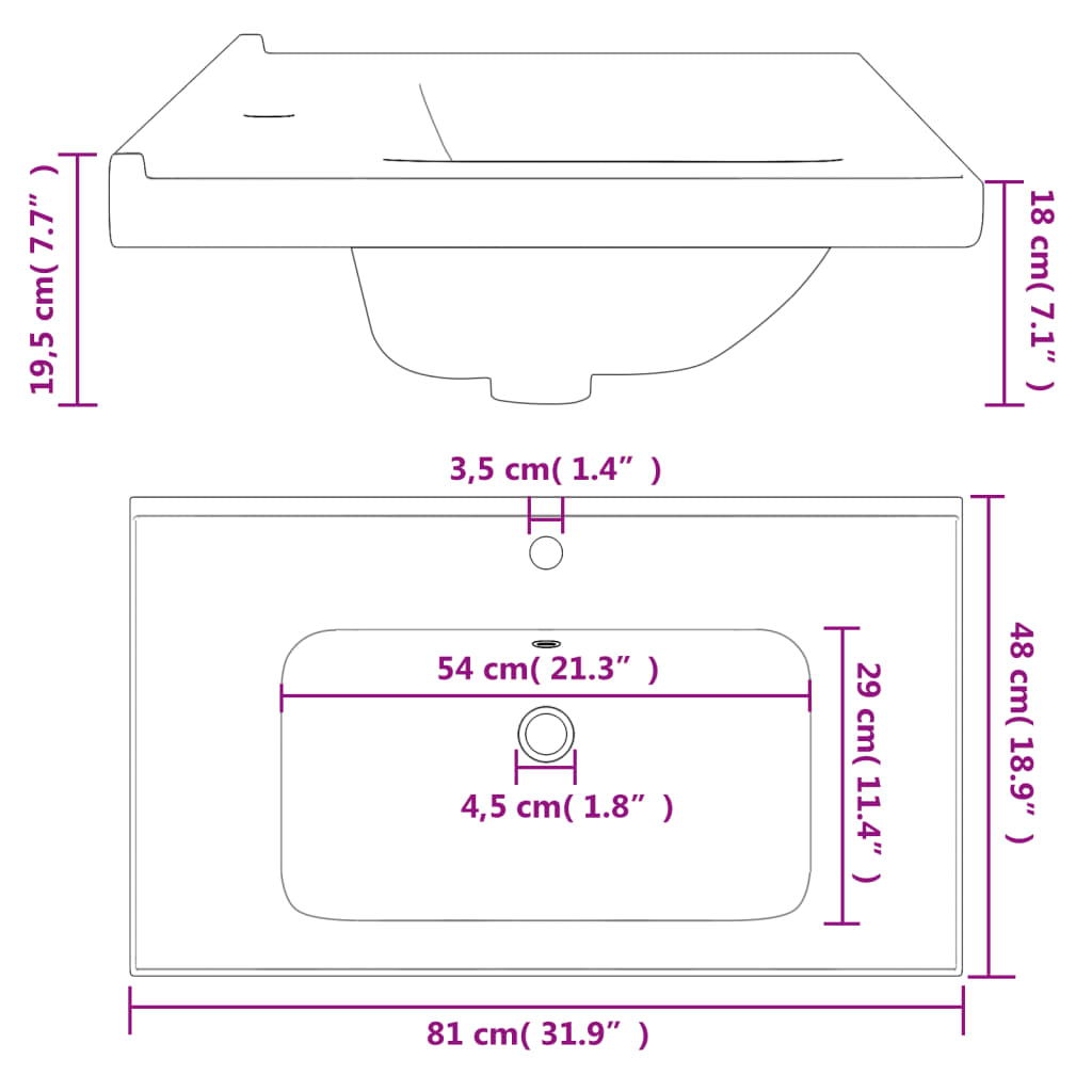 vidaXL Bathroom Sink White 81x48x19.5 cm Rectangular Ceramic