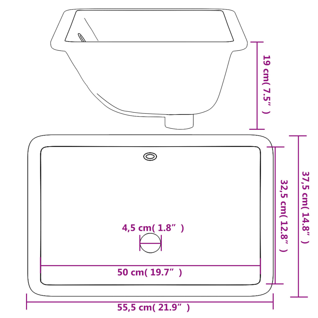 vidaXL Bathroom Sink White 55.5x37.5x19 cm Rectangular Ceramic