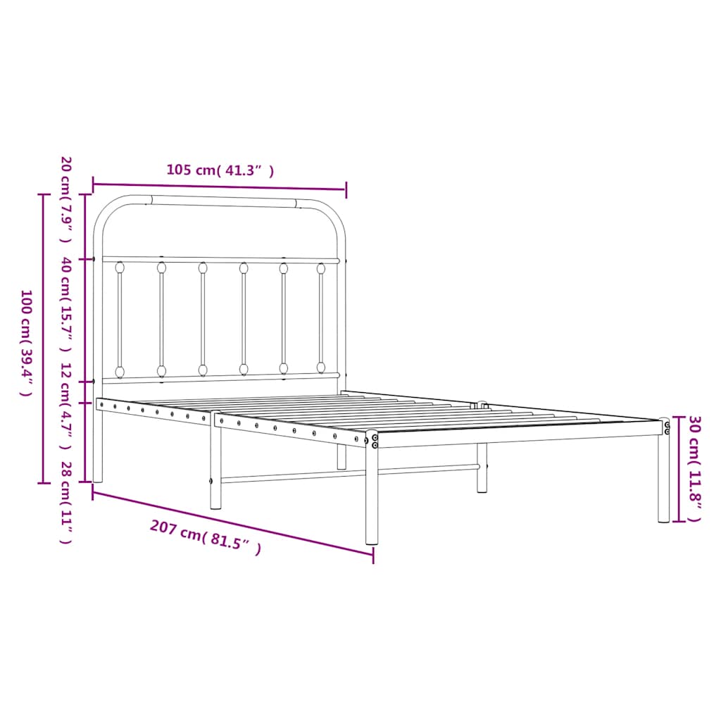 Bed Frame | Black | Powder-Coated Steel | 100x200 cm | Bed Frame
