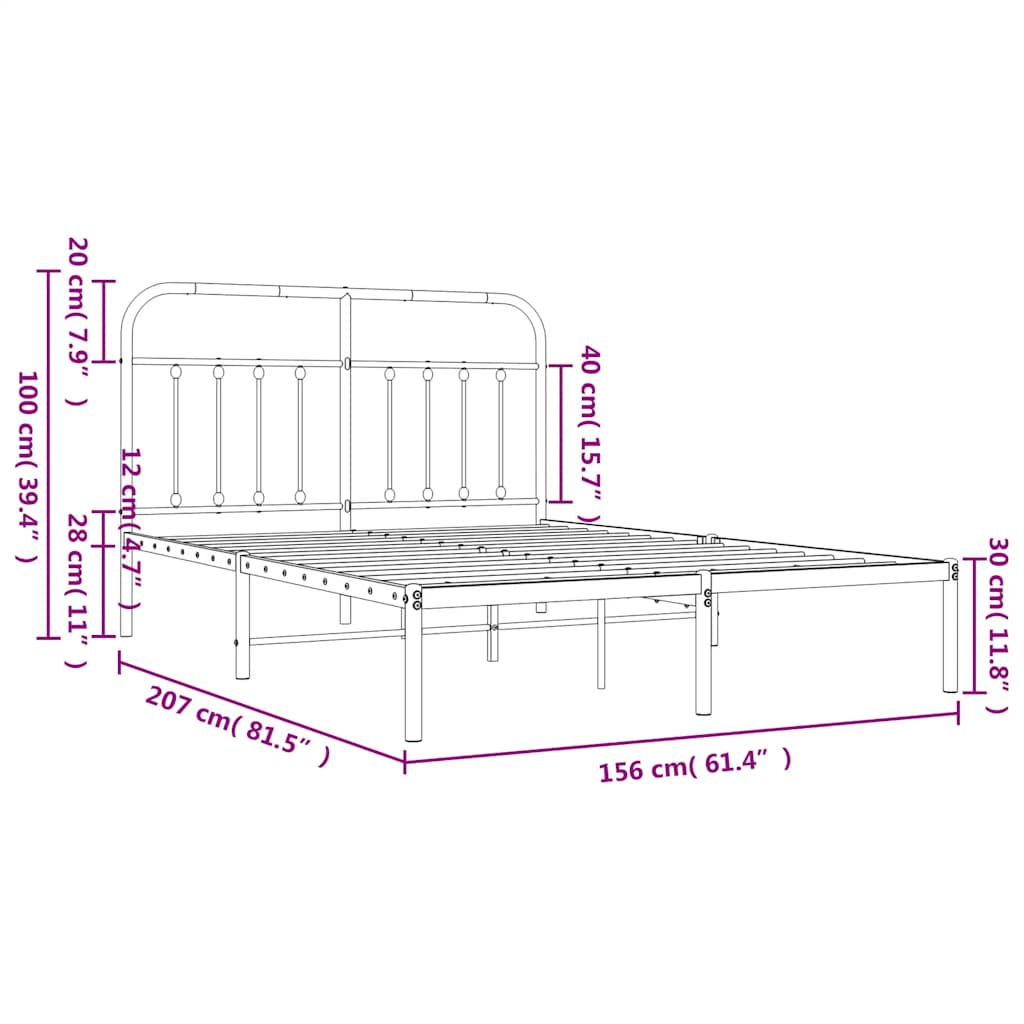 Metal Bed Frame without Mattress with Headboard Black 150x200cm