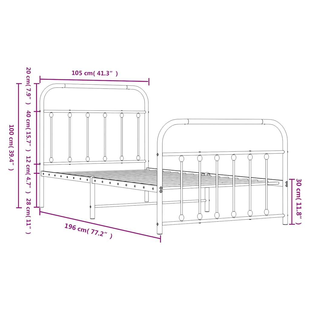 Metal Bed Frame without Mattress with Footboard Black 100x190cm