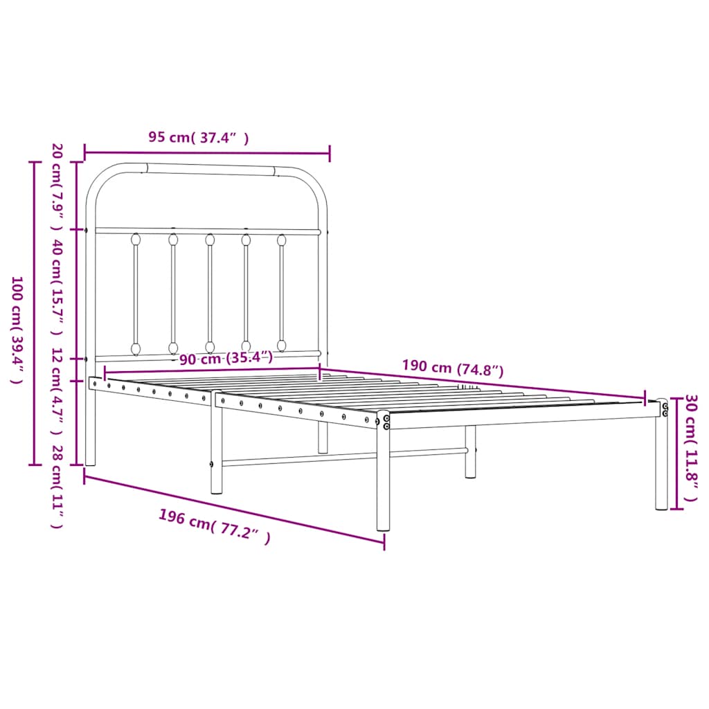 Metal Bed Frame without Mattress with Headboard White 90x190cm
