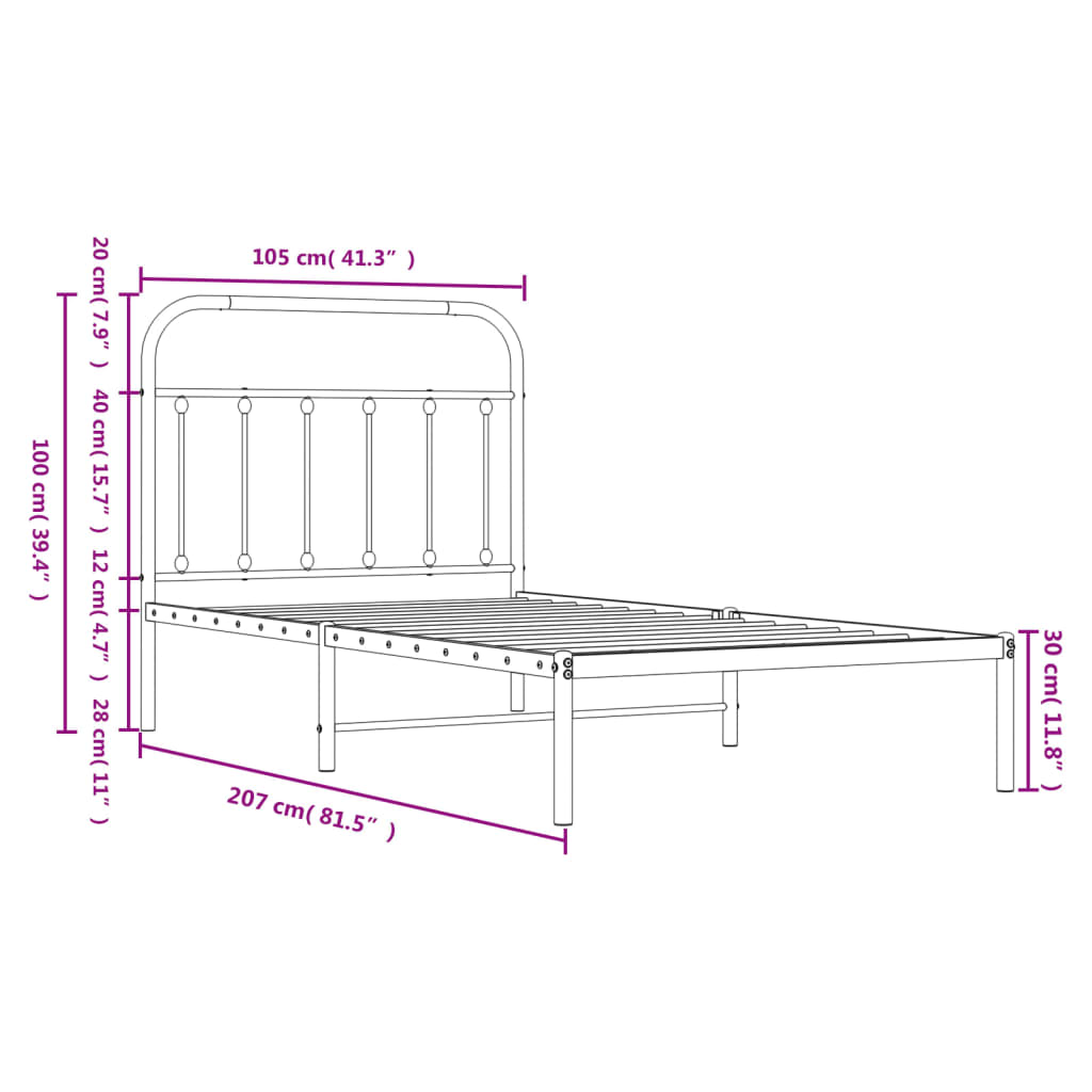 vidaXL Metal Bed Frame without Mattress with Headboard White 100x200cm