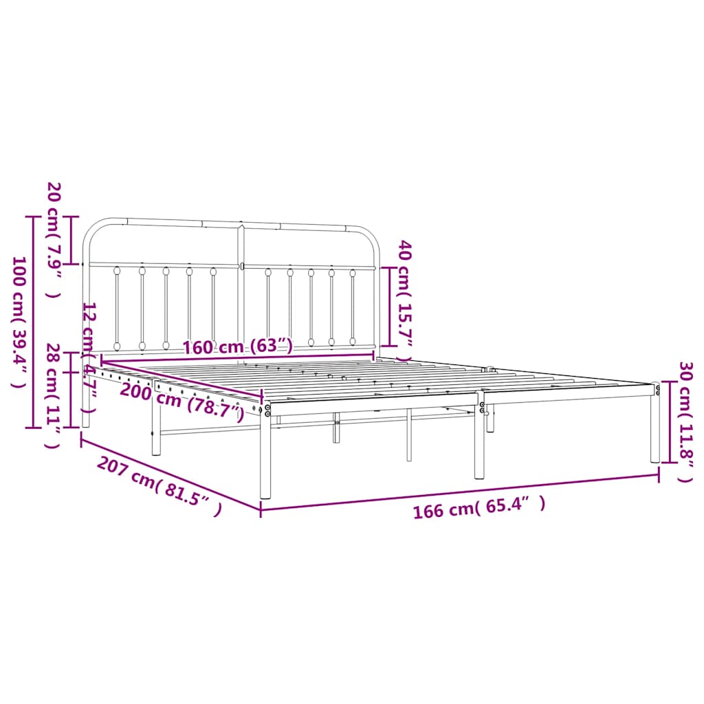 Metal Bed Frame without Mattress with Headboard White 160x200cm