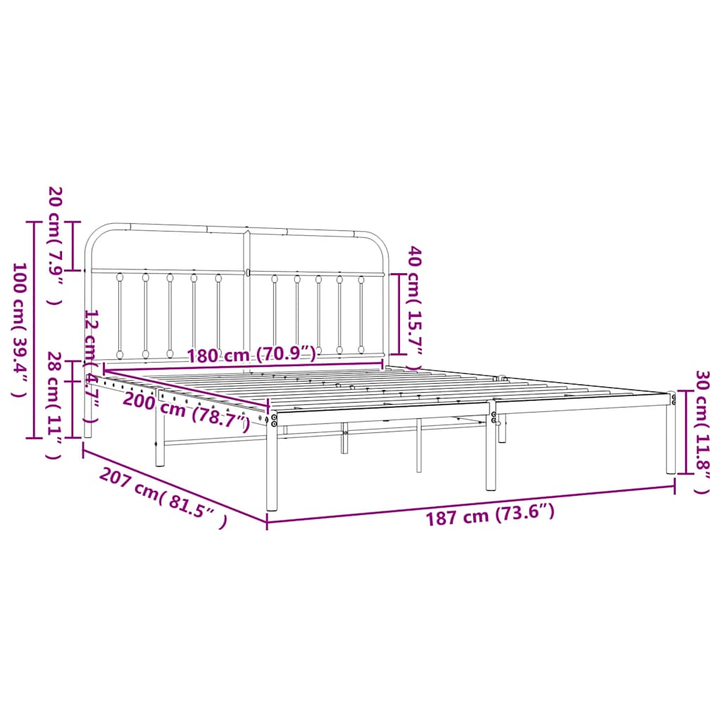 Bed Frame | White | Powder-Coated Steel | 180x200 cm | | Rectangular