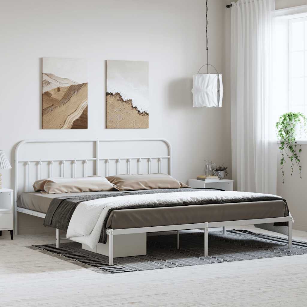 Metal Bed Frame without Mattress with Headboard White 193x203cm
