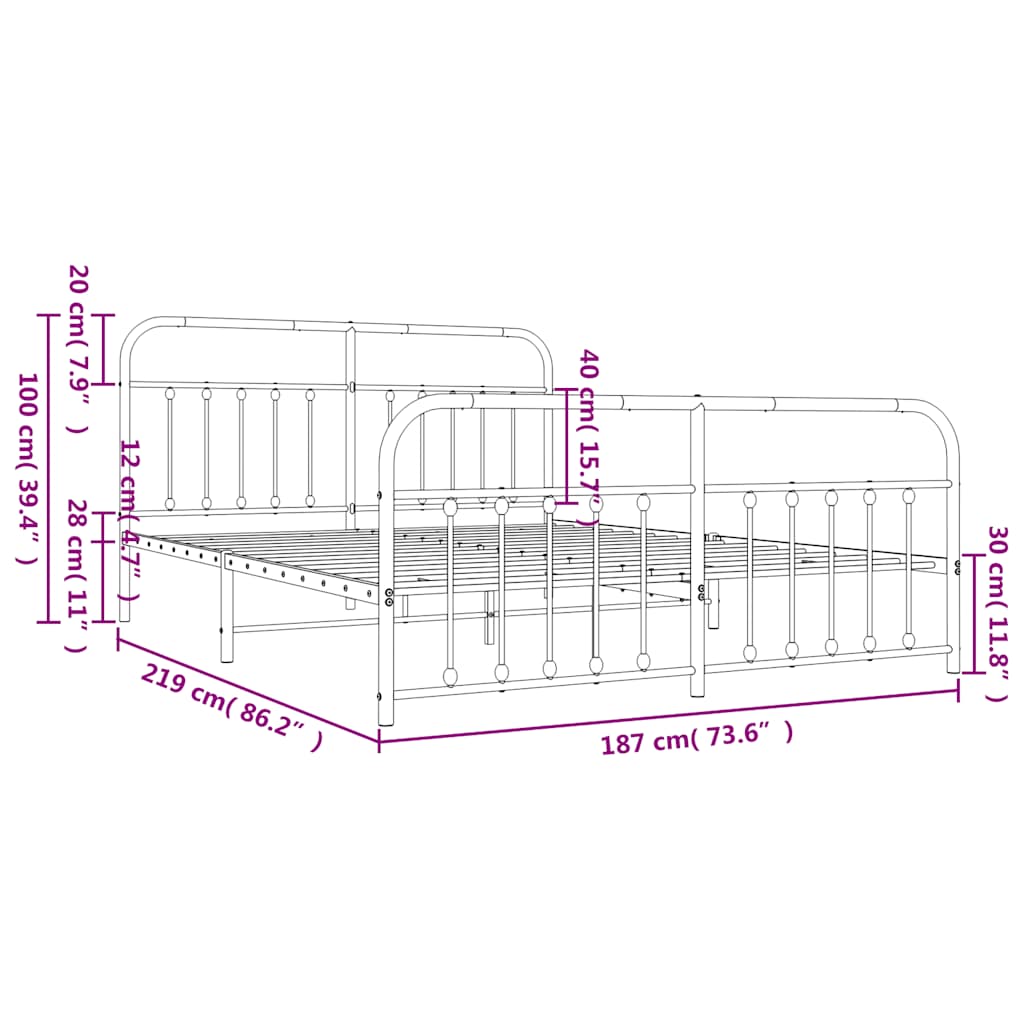 Metal Bed Frame without Mattress with Footboard White 183x213cm