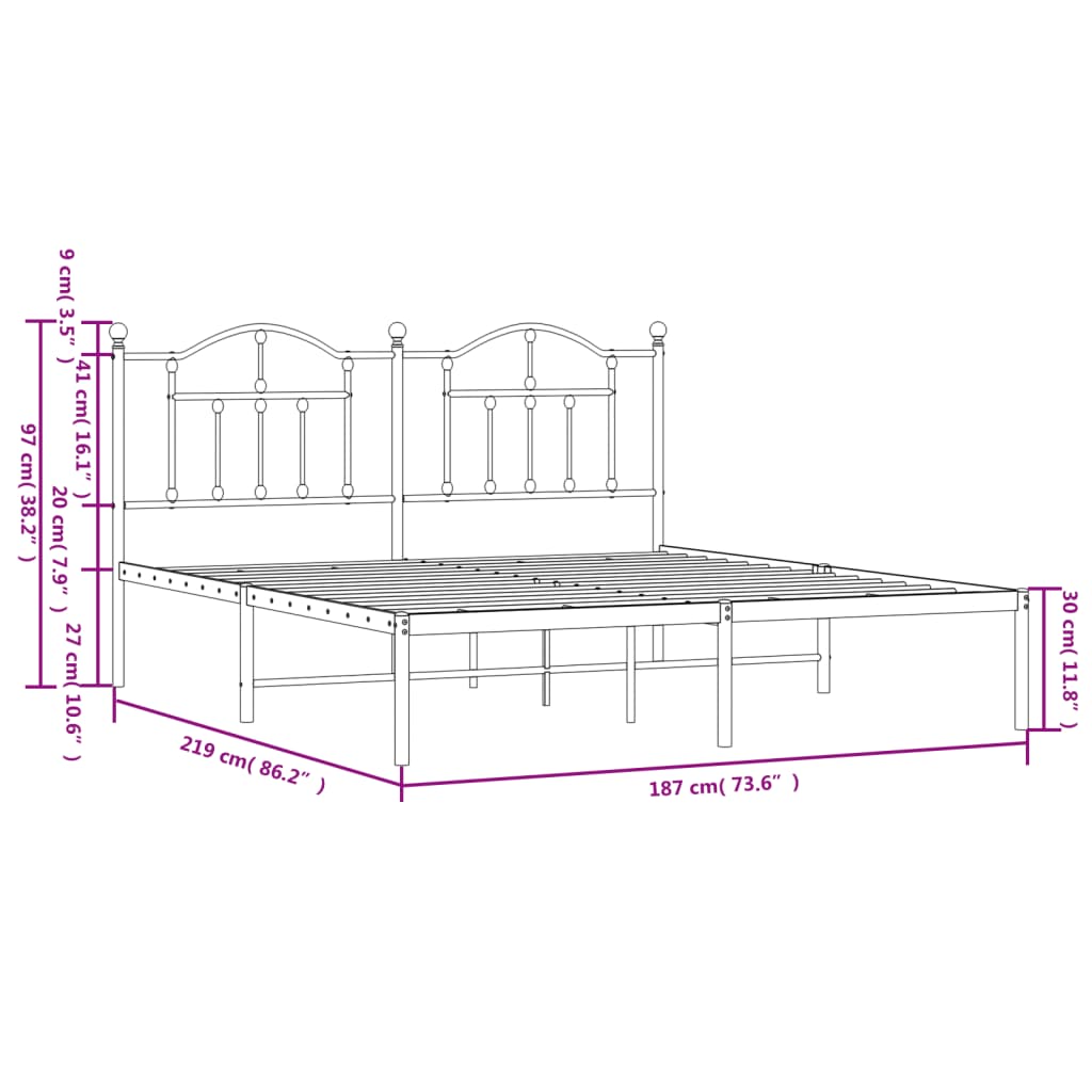 vidaXL Metal Bed Frame without Mattress with Headboard Black 183x213cm