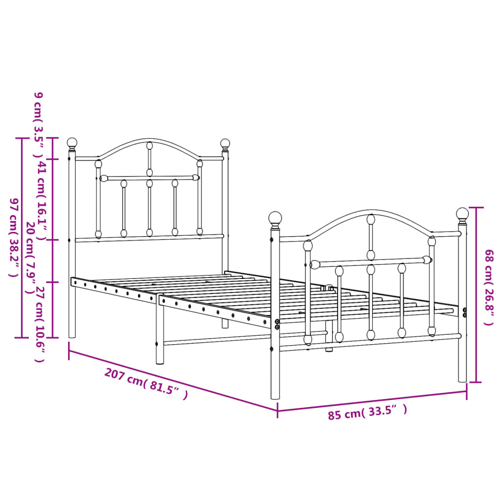Metal Bed Frame without Mattress with Footboard Black 80x200cm