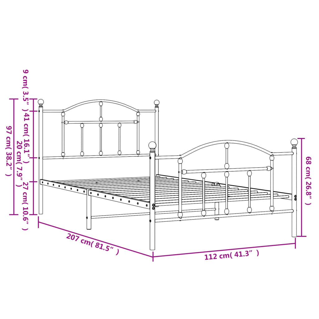 Metal Bed Frame without Mattress with Footboard Black 107x203cm