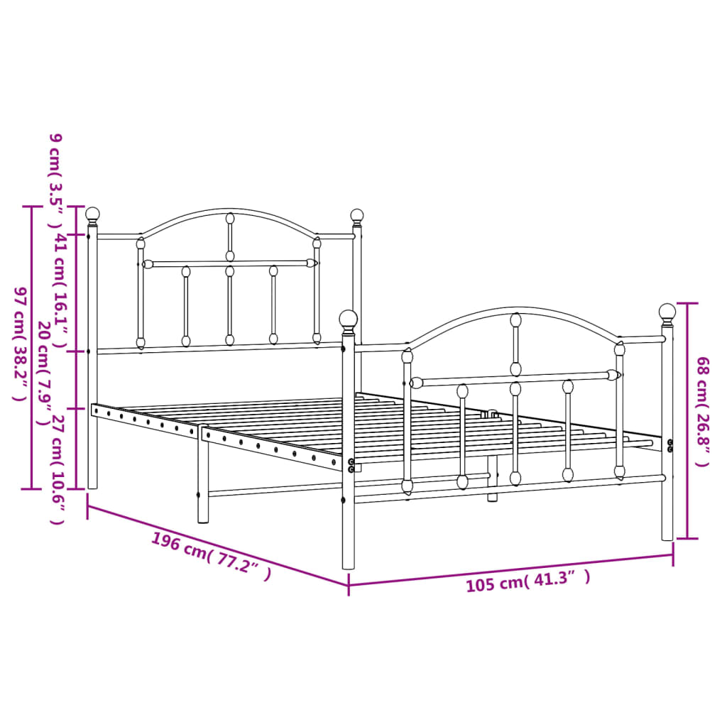 vidaXL Metal Bed Frame without Mattress with Footboard White 100x190cm