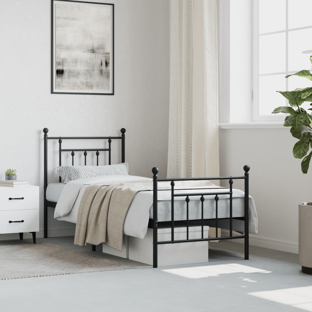 Metal Bed Frame without Mattress with Footboard Black 75x190cm