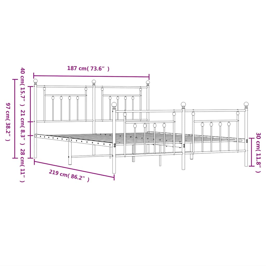 Metal Bed Frame without Mattress with Footboard White 183x213cm