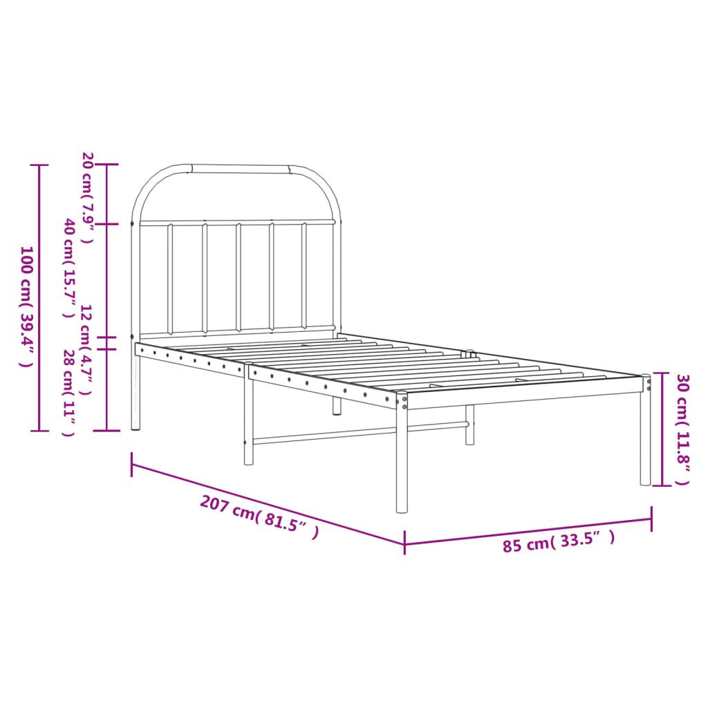 vidaXL Metal Bed Frame without Mattress with Headboard Black 80x200cm